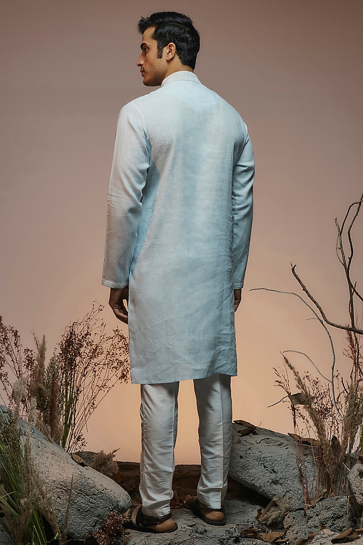 Powder Blue Linen Resham & Beads Embroidered Handcrafted Kurta by SAMMOHAN at Pernia's Pop Up Shop