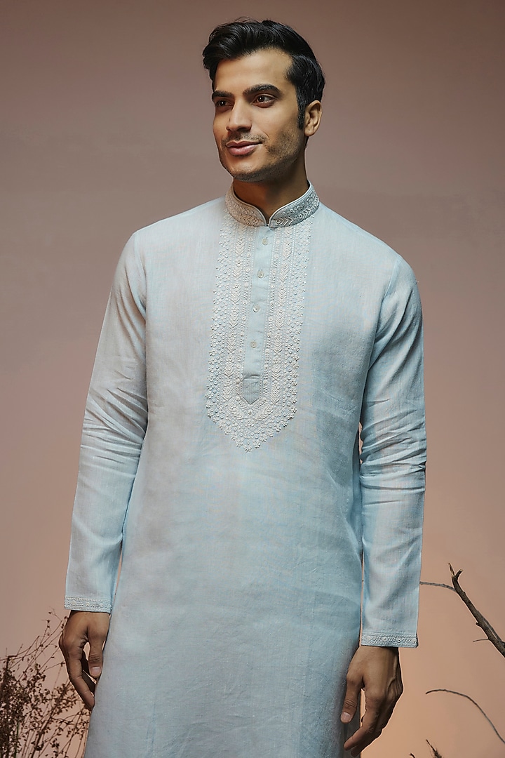 Powder Blue Linen Resham & Beads Embroidered Handcrafted Kurta by SAMMOHAN at Pernia's Pop Up Shop