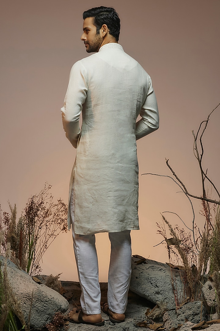 Off-White Linen Resham & Beads Hand Embroidered Handcrafted Kurta by SAMMOHAN at Pernia's Pop Up Shop
