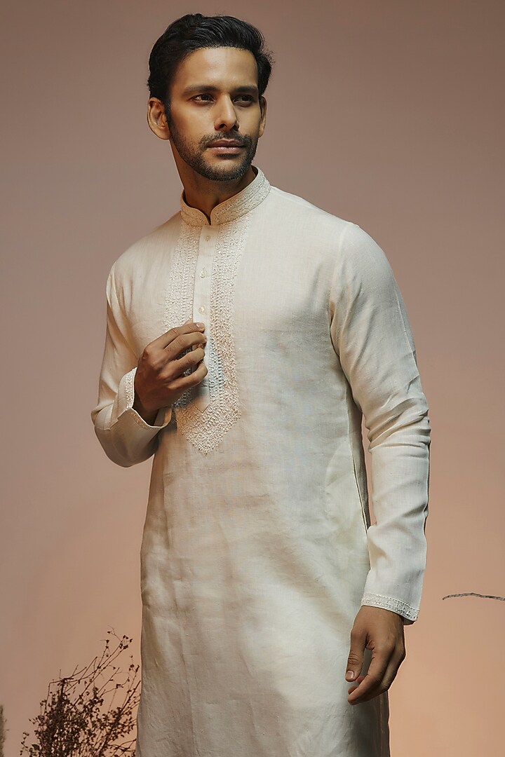 Off-White Linen Resham & Beads Hand Embroidered Handcrafted Kurta by SAMMOHAN at Pernia's Pop Up Shop