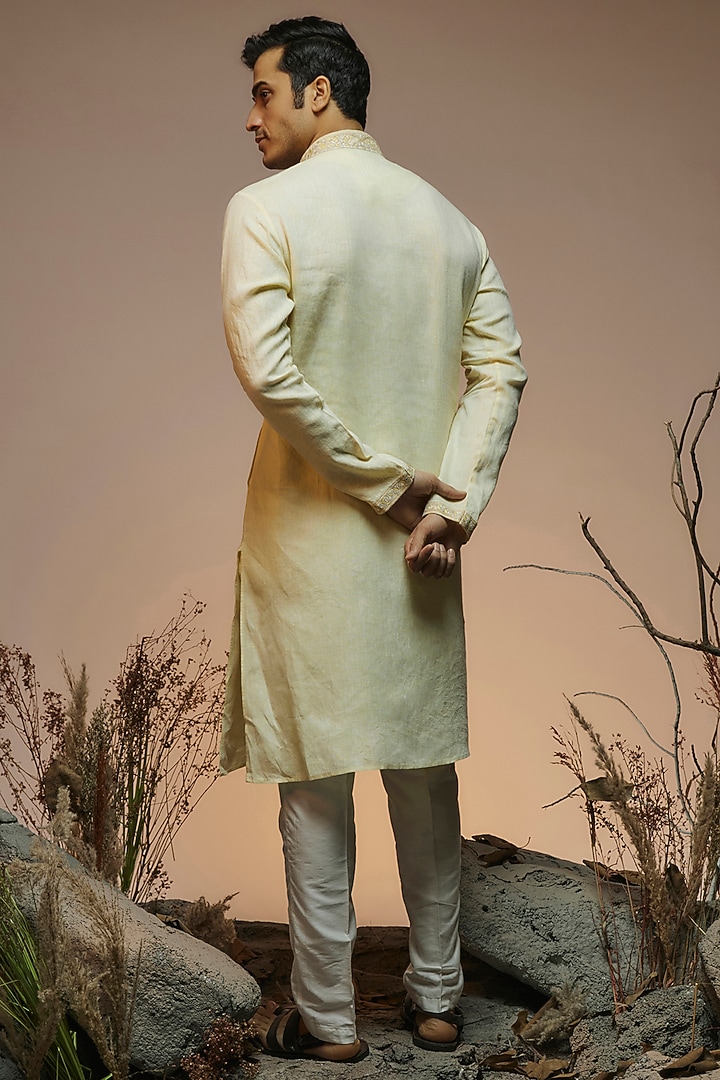 Yellow Linen Resham & Beads Embroidered Handcrafted Kurta by SAMMOHAN at Pernia's Pop Up Shop