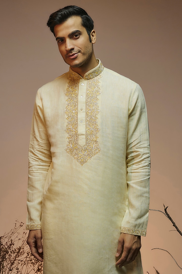 Yellow Linen Resham & Beads Embroidered Handcrafted Kurta by SAMMOHAN at Pernia's Pop Up Shop