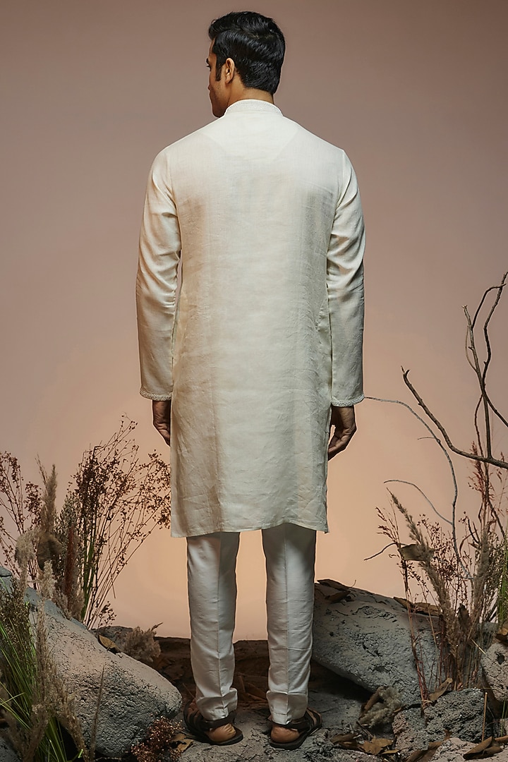 Lemon Linen Resham & Beads Embroidered Handcrafted Kurta by SAMMOHAN at Pernia's Pop Up Shop