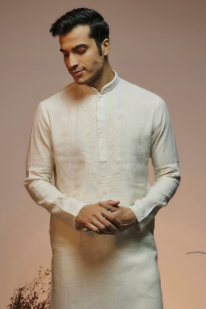 Lemon Linen Resham & Beads Embroidered Handcrafted Kurta by SAMMOHAN at Pernia's Pop Up Shop