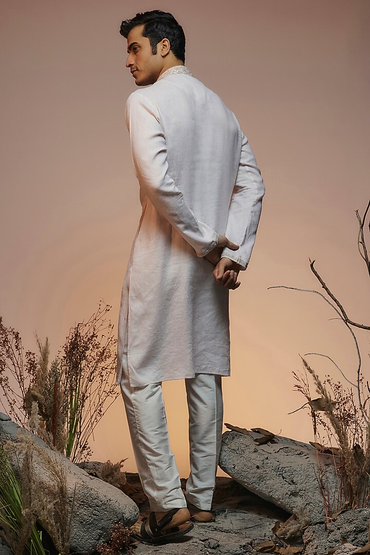 Baby Pink Linen Resham & Beads Embroidered Handcrafted Kurta by SAMMOHAN at Pernia's Pop Up Shop