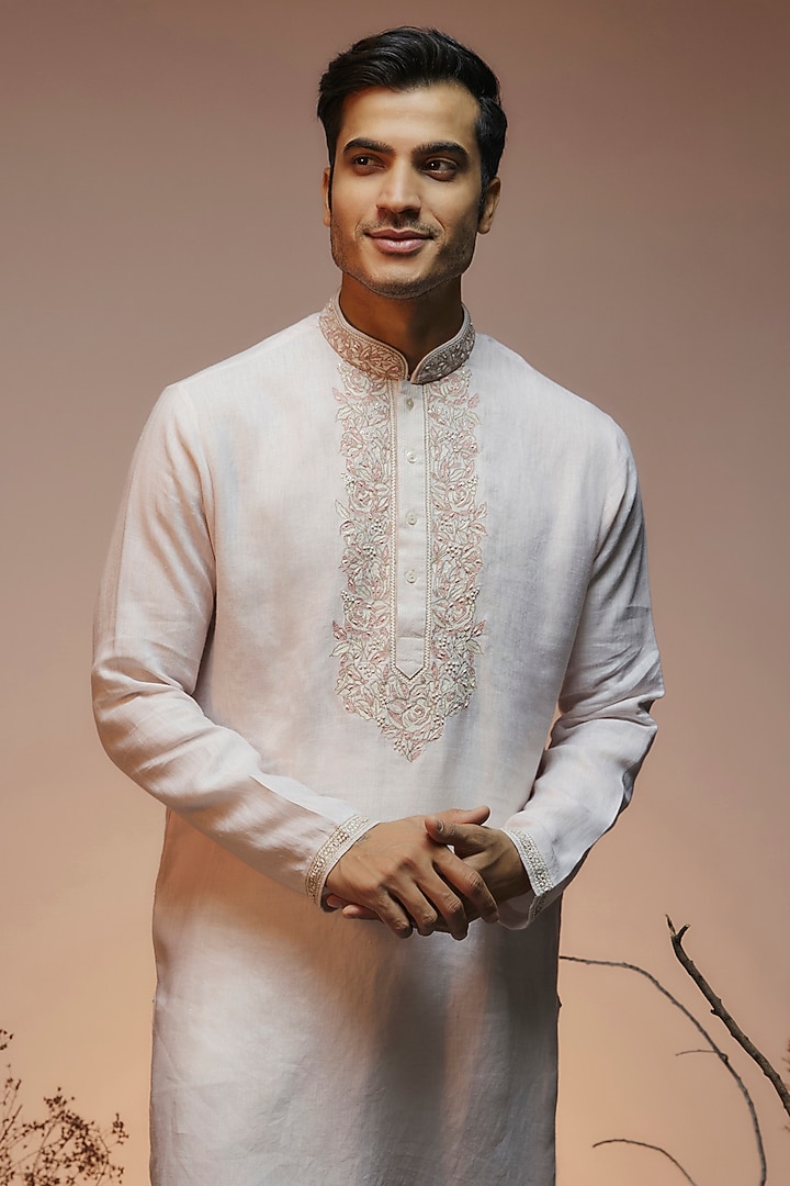 Baby Pink Linen Resham & Beads Embroidered Handcrafted Kurta by SAMMOHAN at Pernia's Pop Up Shop