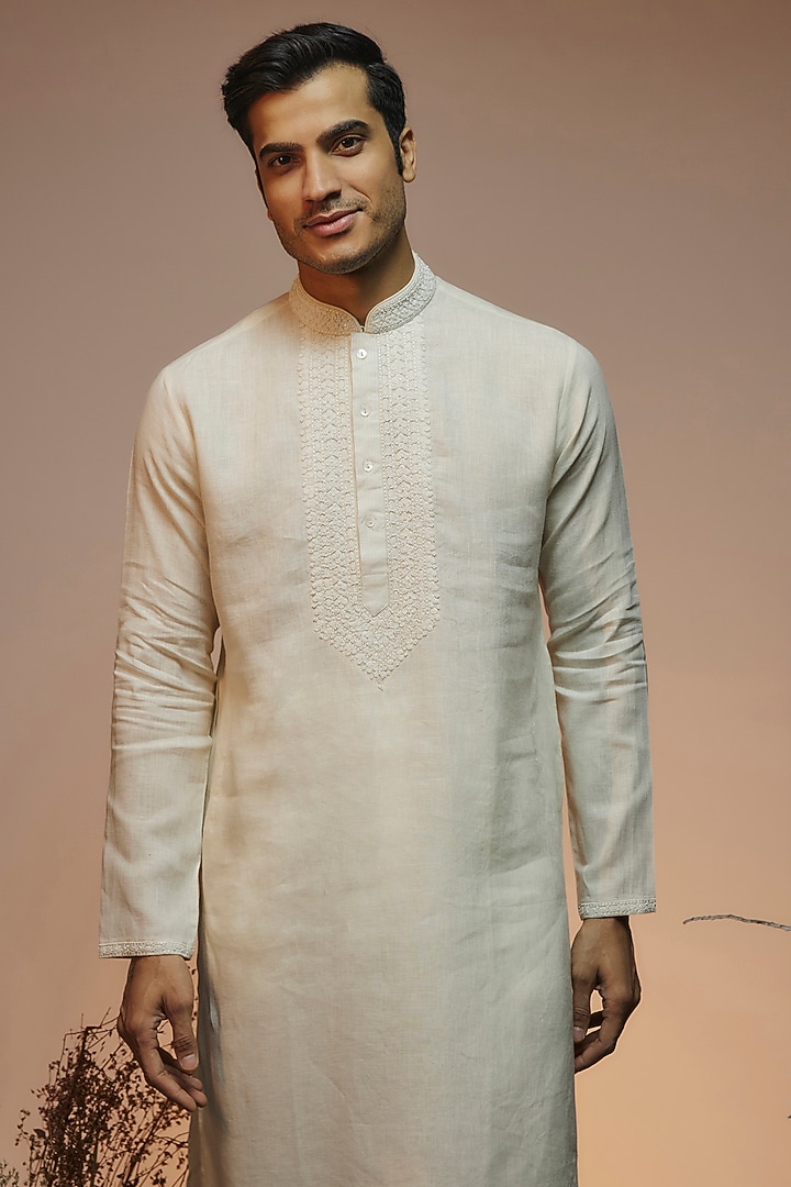 Off-White Linen Resham & Beads Embroidered Handcrafted Kurta by SAMMOHAN at Pernia's Pop Up Shop