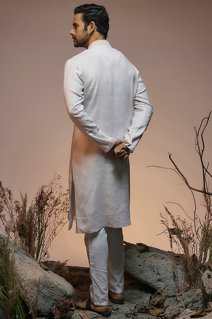 Baby Pink Linen Resham & Beads Embroidered Handcrafted Kurta by SAMMOHAN at Pernia's Pop Up Shop