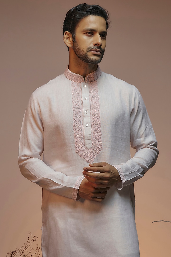 Baby Pink Linen Resham & Beads Embroidered Handcrafted Kurta by SAMMOHAN at Pernia's Pop Up Shop