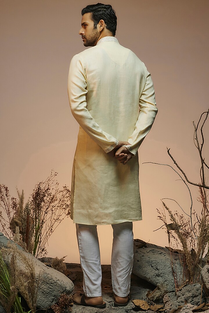 Yellow Linen Resham & Beads Embroidered Handcrafted Kurta by SAMMOHAN at Pernia's Pop Up Shop