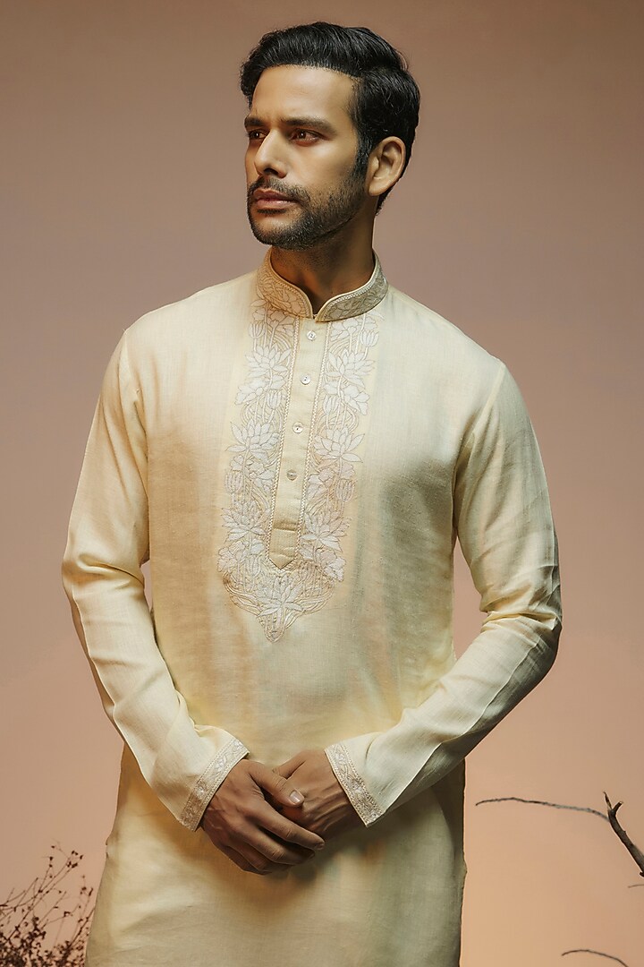 Yellow Linen Resham & Beads Embroidered Handcrafted Kurta by SAMMOHAN at Pernia's Pop Up Shop