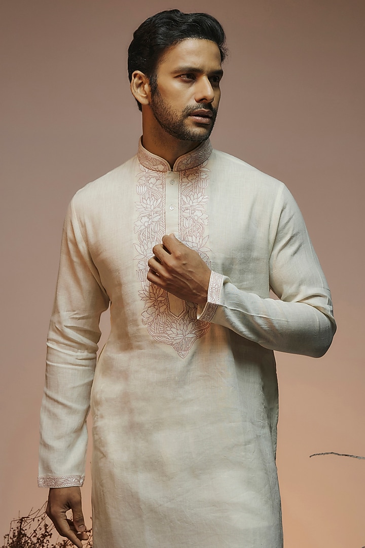 Off-White Linen Resham Hand Embroidered Handcrafted Kurta by SAMMOHAN at Pernia's Pop Up Shop