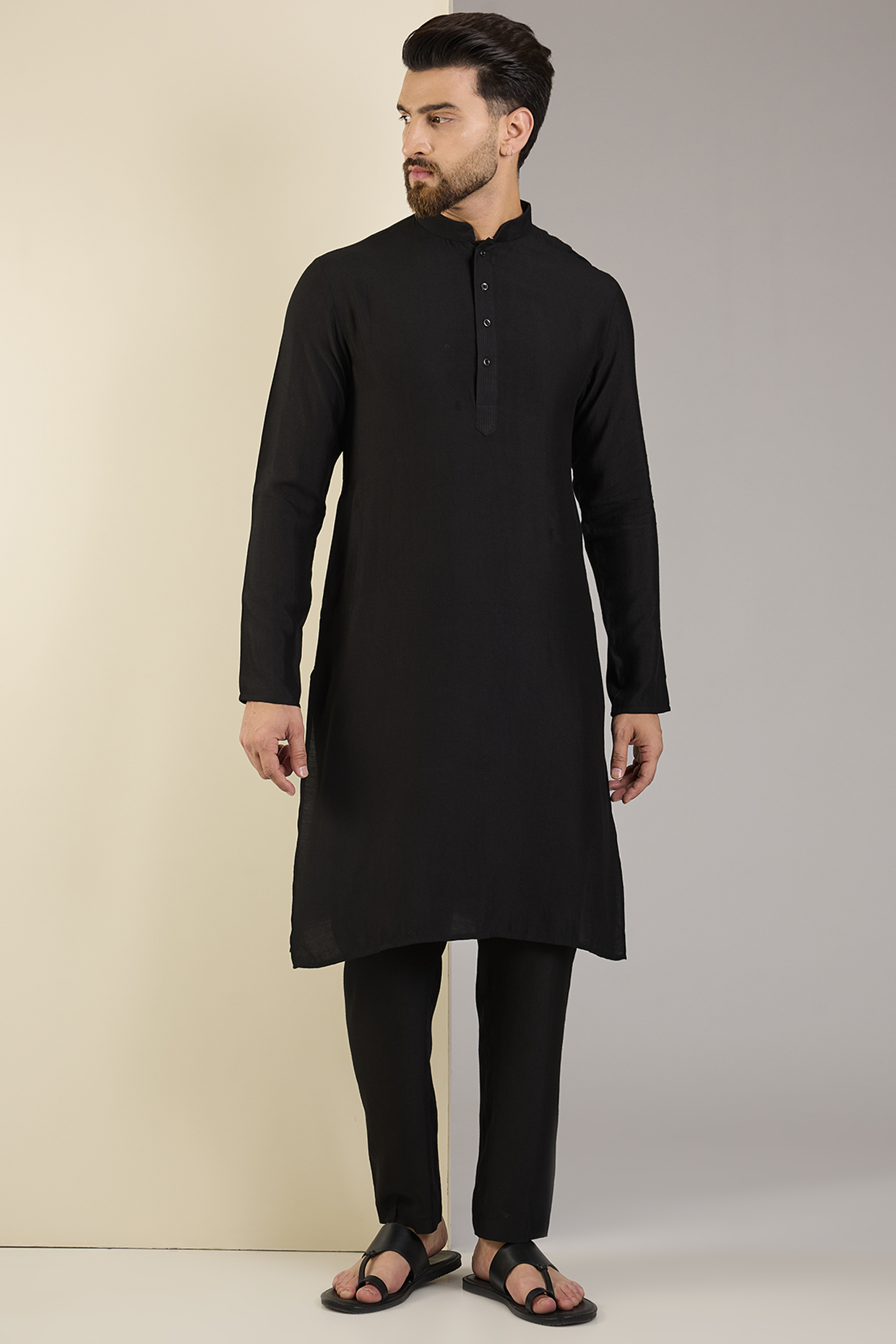Black Cotton Kurta by SAMMOHAN