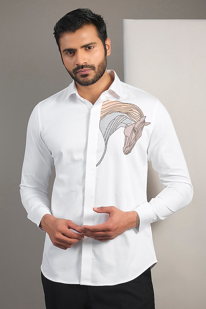 White Cotton Lycra Aari Embroidered Handcrafted Party  start Shirt by SAMMOHAN at Pernia's Pop Up Shop