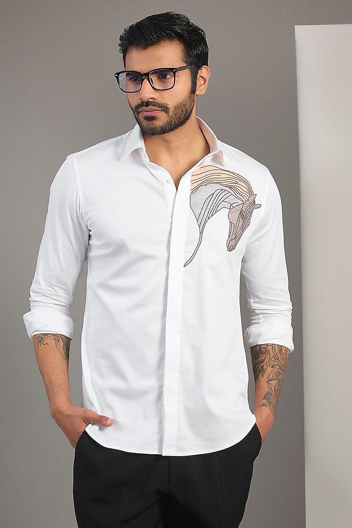 White Cotton Lycra Aari Embroidered Handcrafted Party Wear Shirt by SAMMOHAN at Pernia's Pop Up Shop