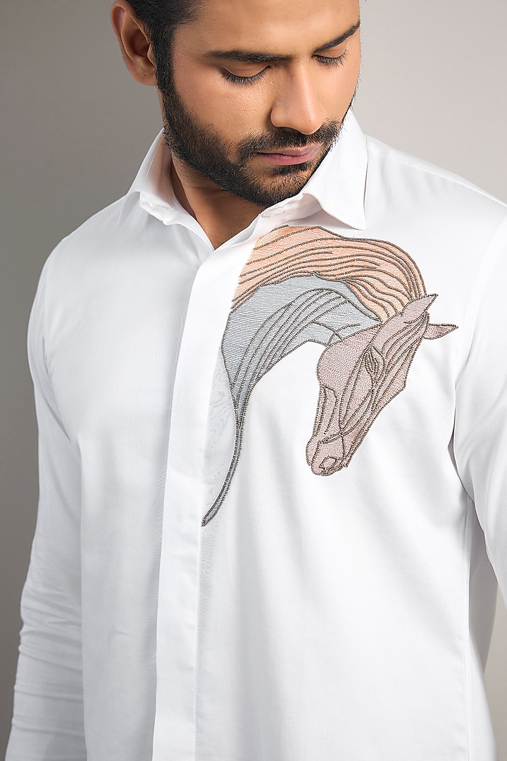 White Cotton Lycra Aari Embroidered Handcrafted Party Wear Shirt by SAMMOHAN at Pernia's Pop Up Shop