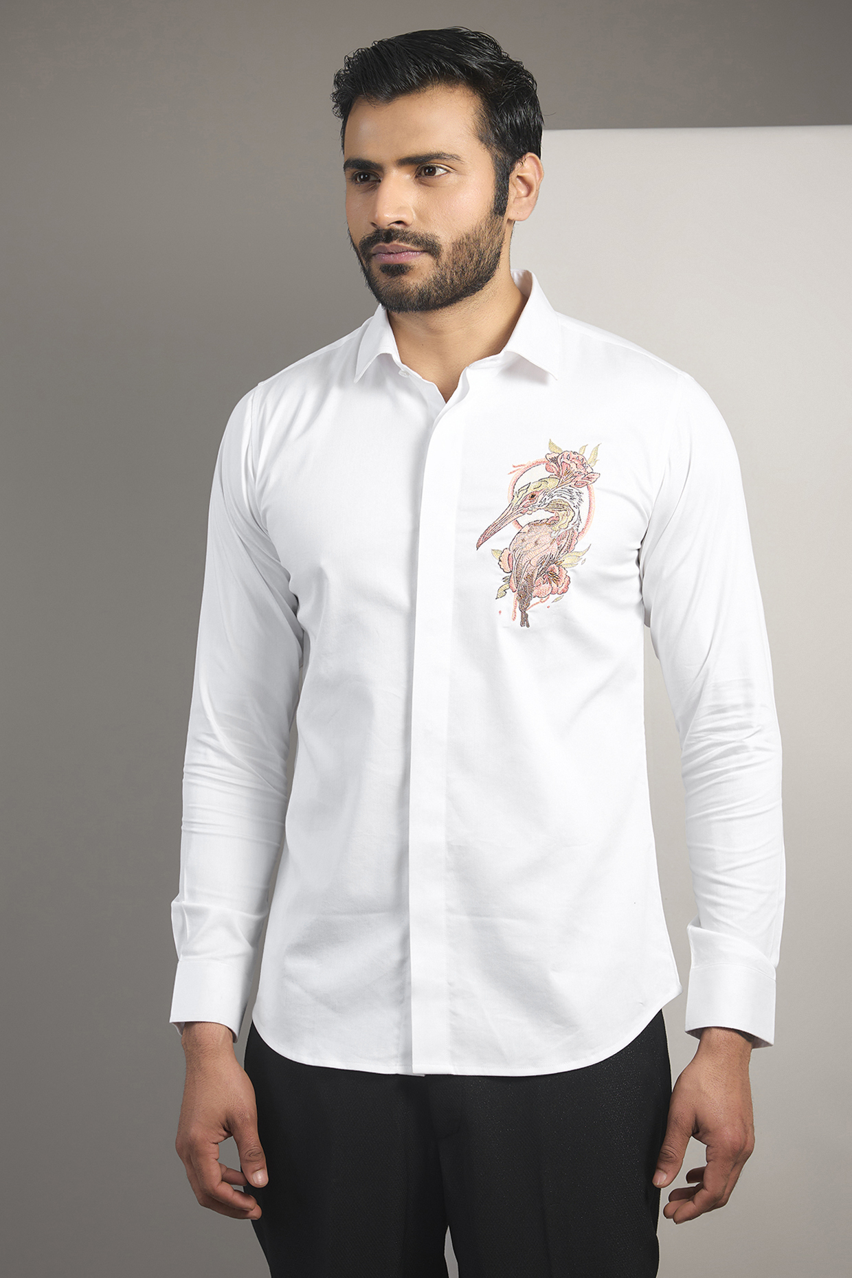 White Cotton Lycra Aari Embroidered Handcrafted Party  start Shirt by SAMMOHAN at Pernia's Pop Up Shop