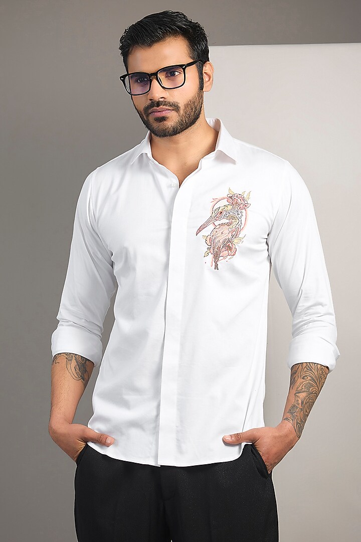 White Cotton Lycra Aari Embroidered Handcrafted Party Wear Shirt by SAMMOHAN at Pernia's Pop Up Shop