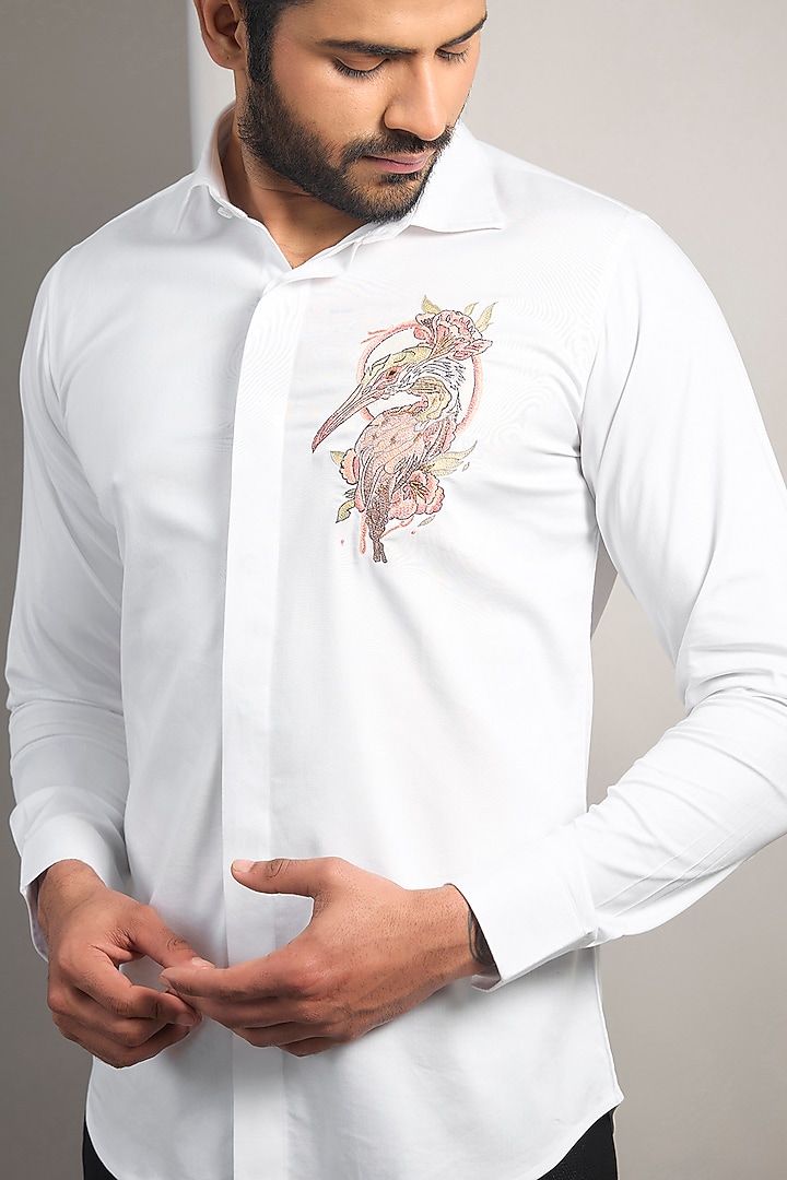 White Cotton Lycra Aari Embroidered Handcrafted Party Wear Shirt by SAMMOHAN at Pernia's Pop Up Shop