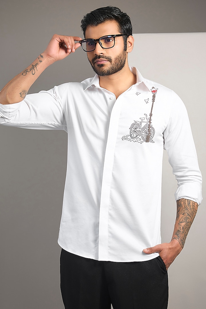 White Cotton Lycra Aari Embroidered Handcrafted Party Wear Shirt by SAMMOHAN at Pernia's Pop Up Shop