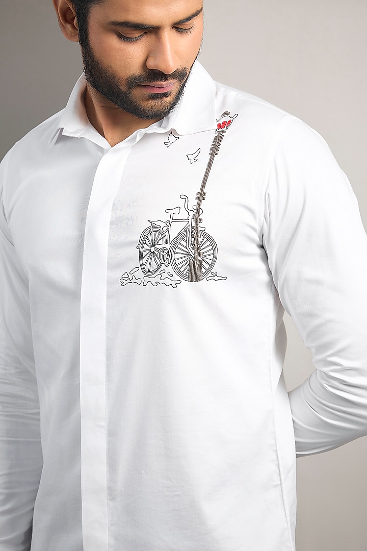 White Cotton Lycra Aari Embroidered Handcrafted Party Wear Shirt by SAMMOHAN at Pernia's Pop Up Shop