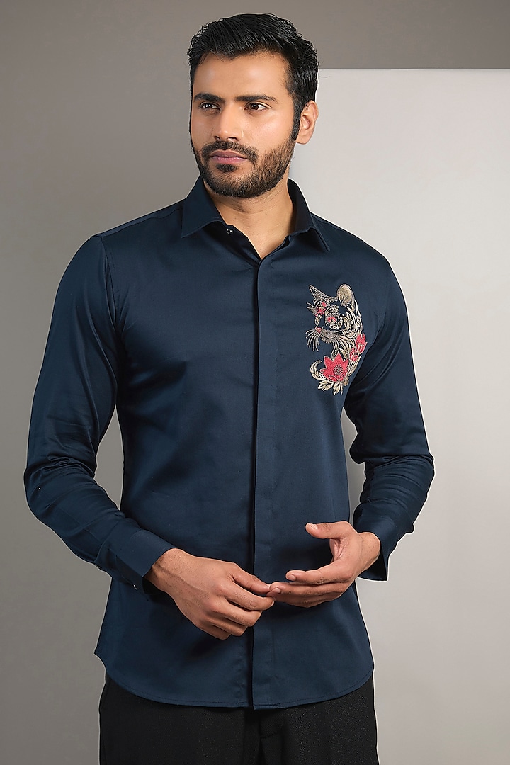 Navy Blue Cotton Lycra Aari Embroidered Handcrafted Shirt by SAMMOHAN