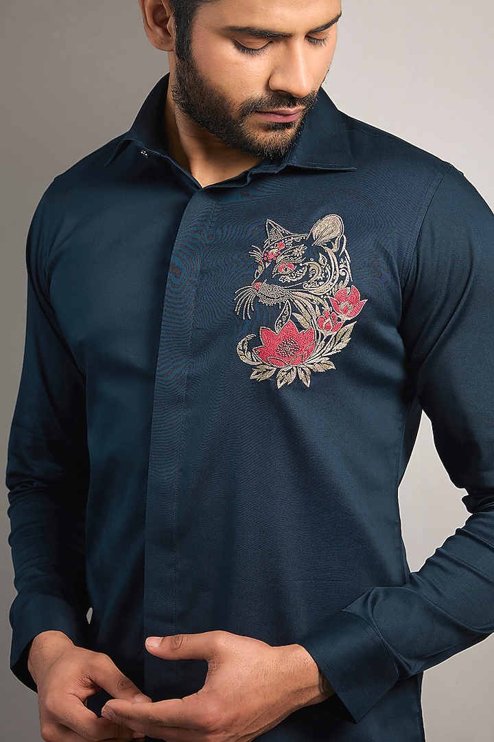 Navy Blue Cotton Lycra Aari Embroidered Handcrafted Party Wear Shirt by SAMMOHAN at Pernia's Pop Up Shop