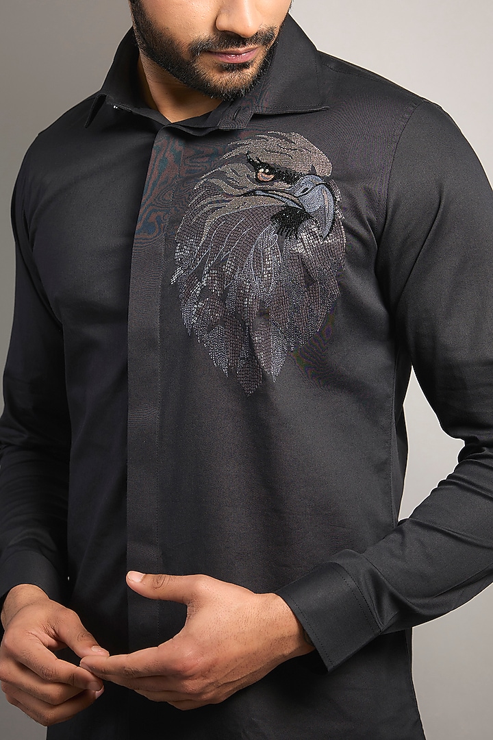 Black Cotton Lycra Aari Embroidered Handcrafted Party Wear Shirt by SAMMOHAN at Pernia's Pop Up Shop