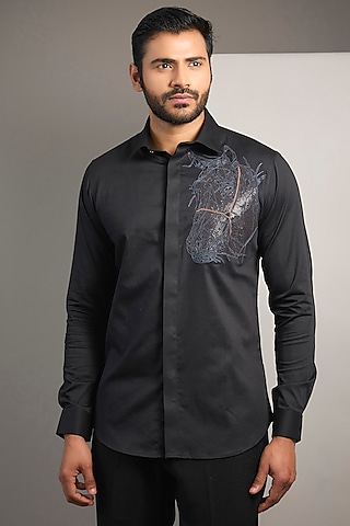 Black Cotton Lycra Aari Embroidered Handcrafted Shirt by SAMMOHAN
