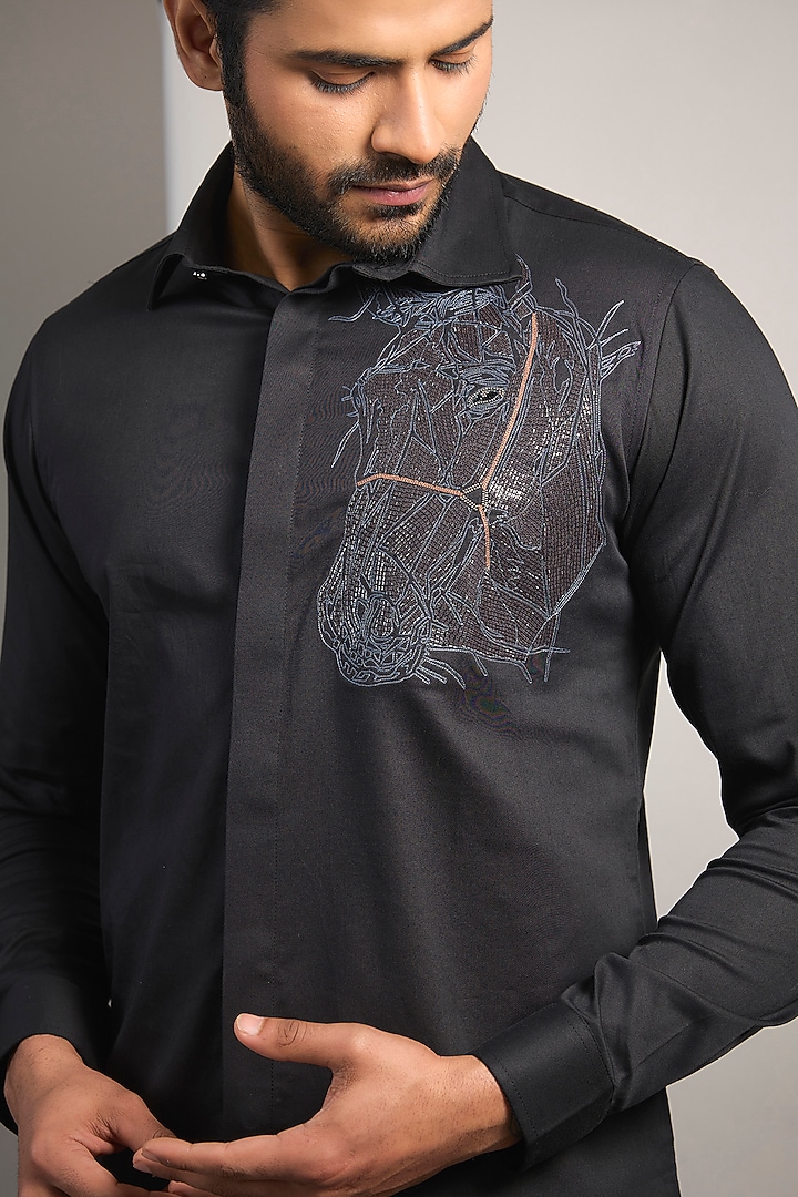 Black Cotton Lycra Aari Embroidered Handcrafted Party Wear Shirt by SAMMOHAN at Pernia's Pop Up Shop