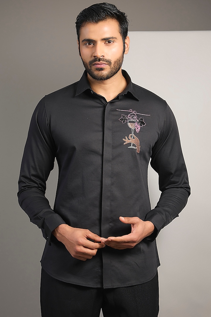 Black Cotton Lycra Aari Embroidered Handcrafted Shirt by SAMMOHAN