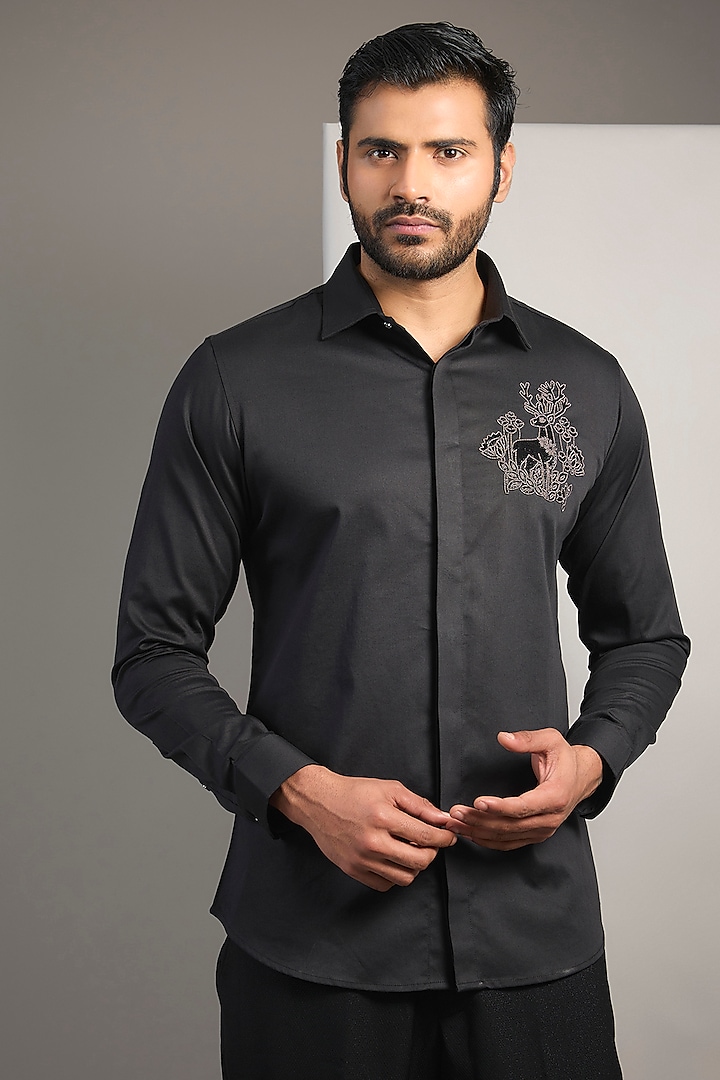 Black Cotton Lycra Aari Embroidered Handcrafted Shirt by SAMMOHAN