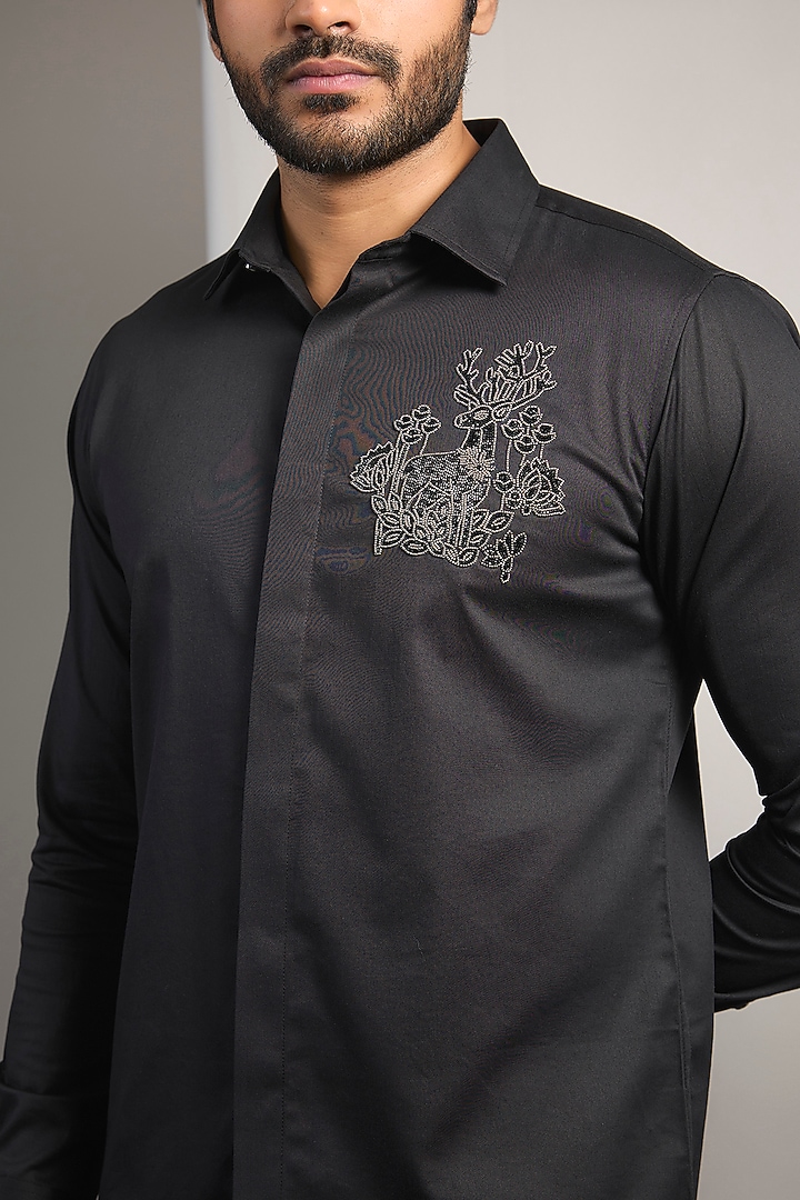 Black Cotton Lycra Aari Embroidered Handcrafted Party Wear Shirt by SAMMOHAN at Pernia's Pop Up Shop