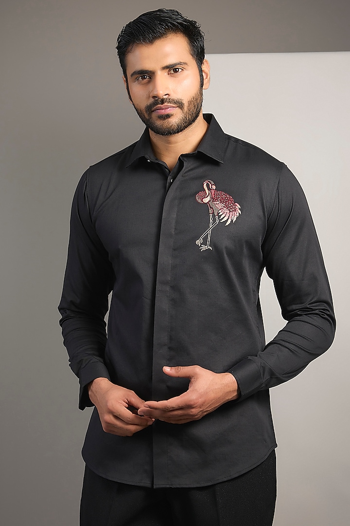 Black Cotton Lycra Aari Embroidered Handcrafted Shirt by SAMMOHAN