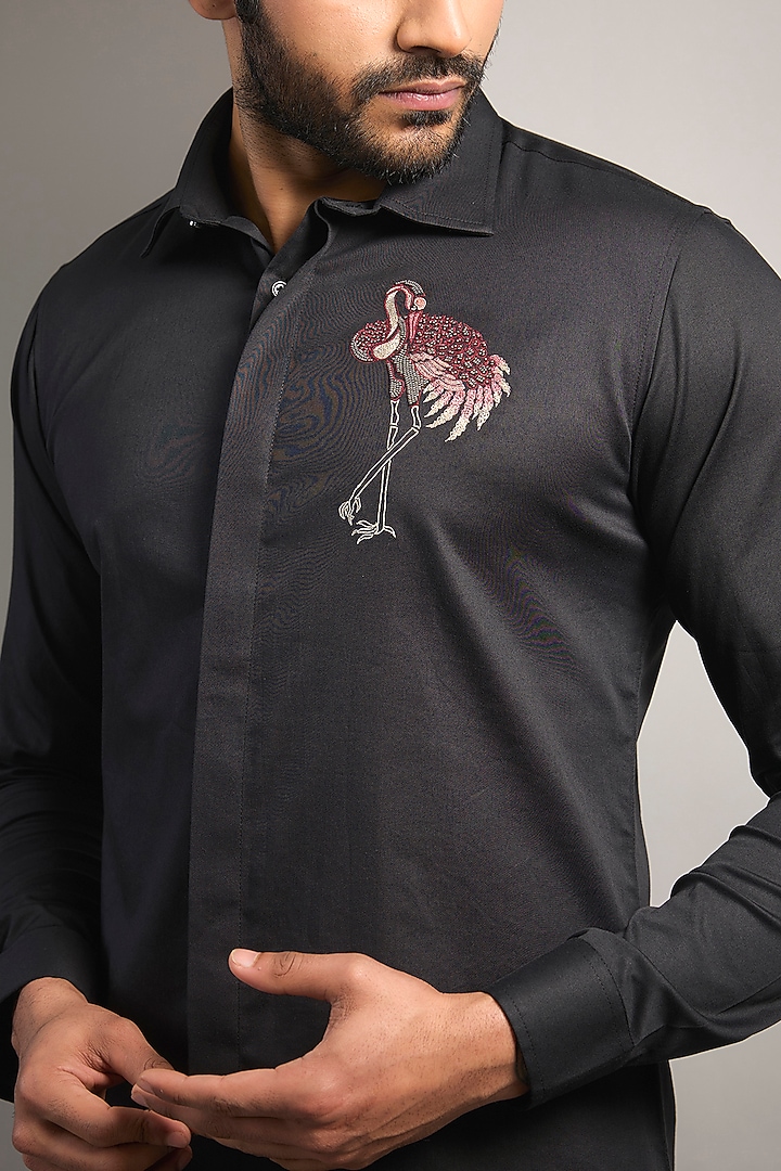 Black Cotton Lycra Aari Embroidered Handcrafted Party Wear Shirt by SAMMOHAN at Pernia's Pop Up Shop