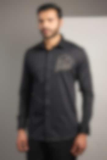 Black Cotton Lycra Aari Embroidered Handcrafted Shirt by SAMMOHAN