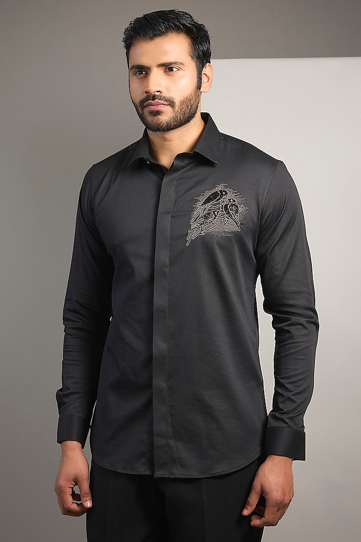 Black Cotton Lycra Aari Embroidered Handcrafted Shirt by SAMMOHAN