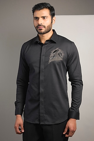 Black Cotton Lycra Aari Embroidered Handcrafted Shirt by SAMMOHAN