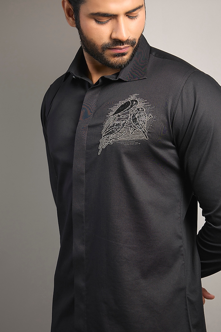 Black Cotton Lycra Aari Embroidered Handcrafted Party Wear Shirt by SAMMOHAN at Pernia's Pop Up Shop