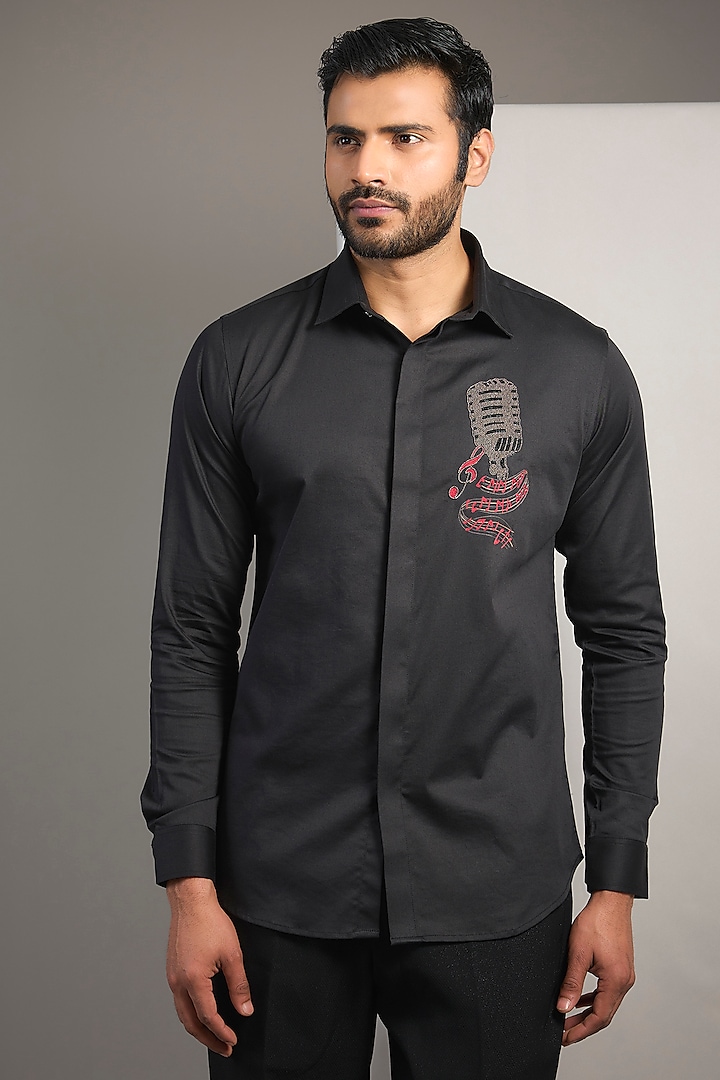 Black Cotton Lycra Aari Embroidered Handcrafted Shirt by SAMMOHAN