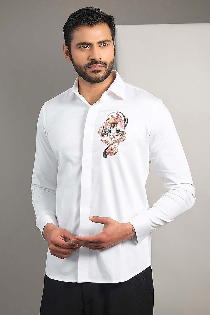 White Cotton Lycra Aari Embroidered Handcrafted Shirt by SAMMOHAN