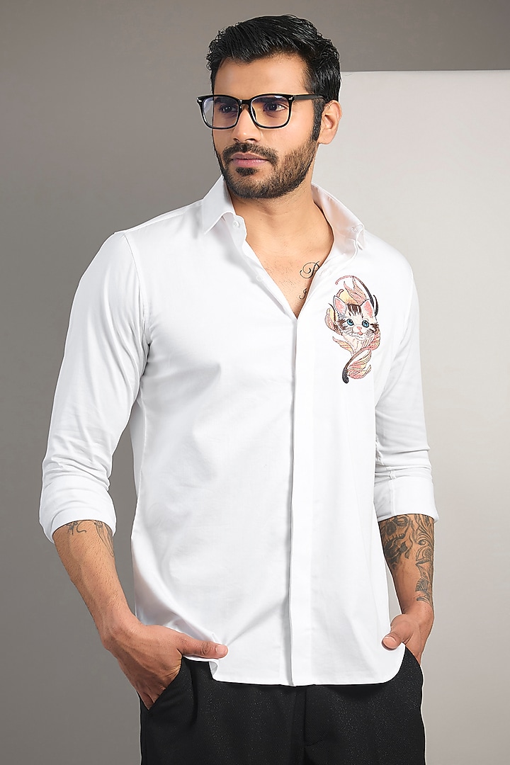 White Cotton Lycra Aari Embroidered Handcrafted Party Wear Shirt by SAMMOHAN at Pernia's Pop Up Shop