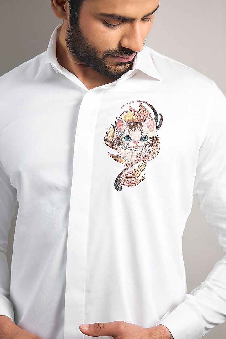 White Cotton Lycra Aari Embroidered Handcrafted Party Wear Shirt by SAMMOHAN at Pernia's Pop Up Shop