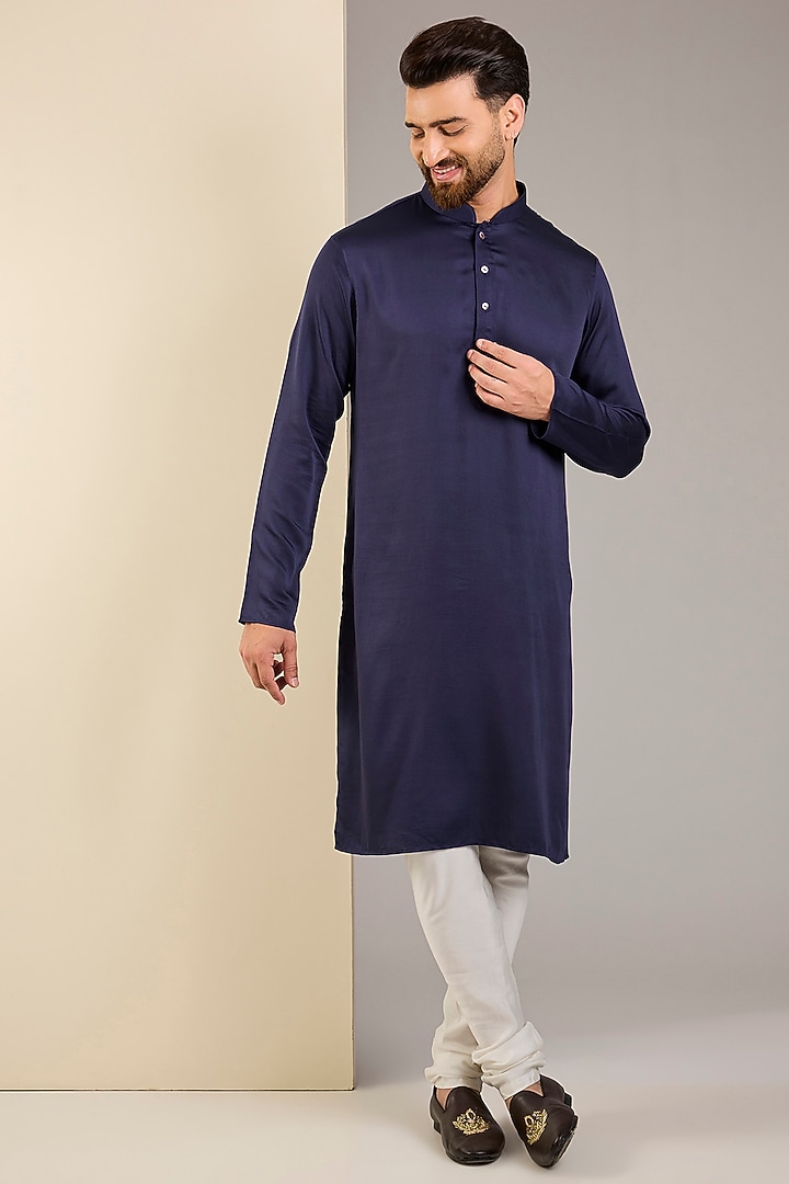 Navy Blue Cotton Kurta by SAMMOHAN at Pernia's Pop Up Shop