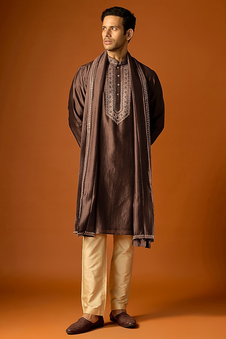 Brown Silk Embroidered Kurta Set by SAMMOHAN at Pernia's Pop Up Shop