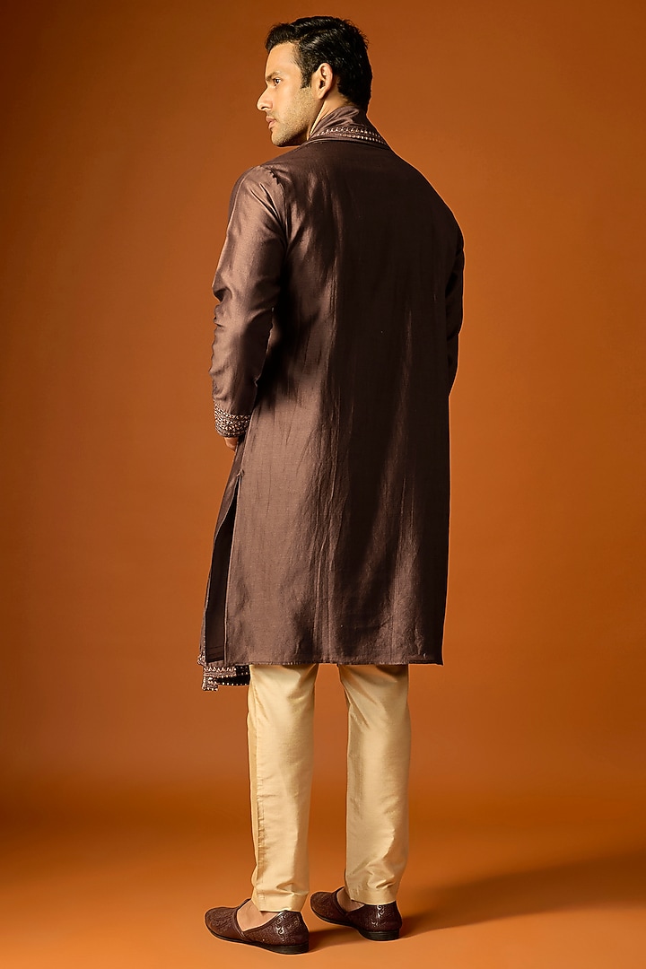 Brown Silk Embroidered Kurta Set by SAMMOHAN at Pernia's Pop Up Shop
