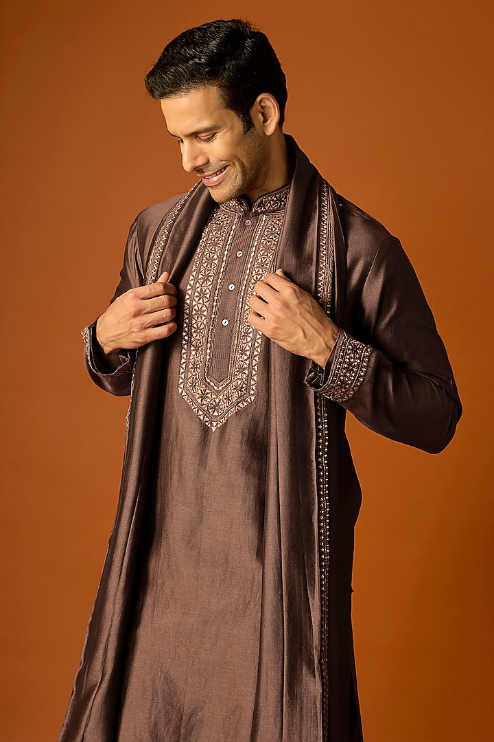 Brown Silk Embroidered Kurta Set by SAMMOHAN at Pernia's Pop Up Shop