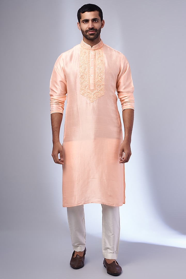 Peach Pure Silk Kashmiri Embroidered Kurta by SAMMOHAN at Pernia's Pop Up Shop