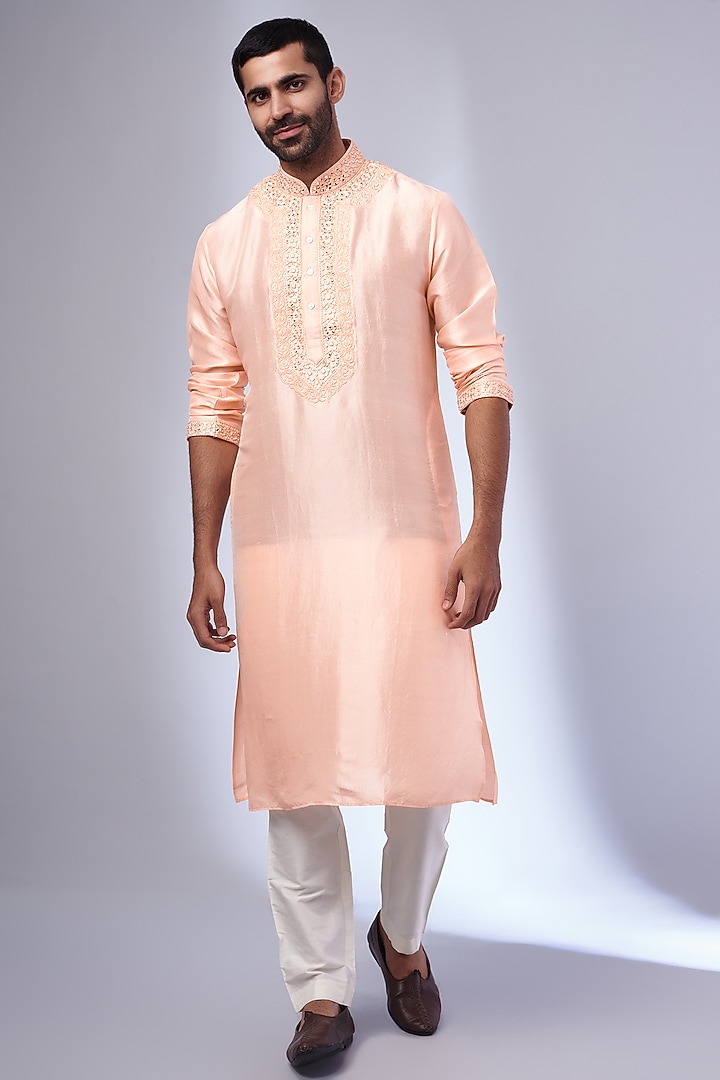 Peach Pure Silk Kashmiri Embroidered Kurta by SAMMOHAN at Pernia's Pop Up Shop