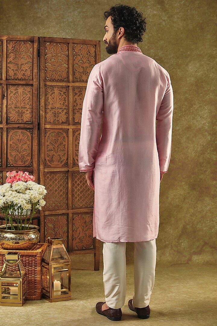 Baby Pink Tussar Embroidered Handcrafted Kurta by SAMMOHAN at Pernia's Pop Up Shop